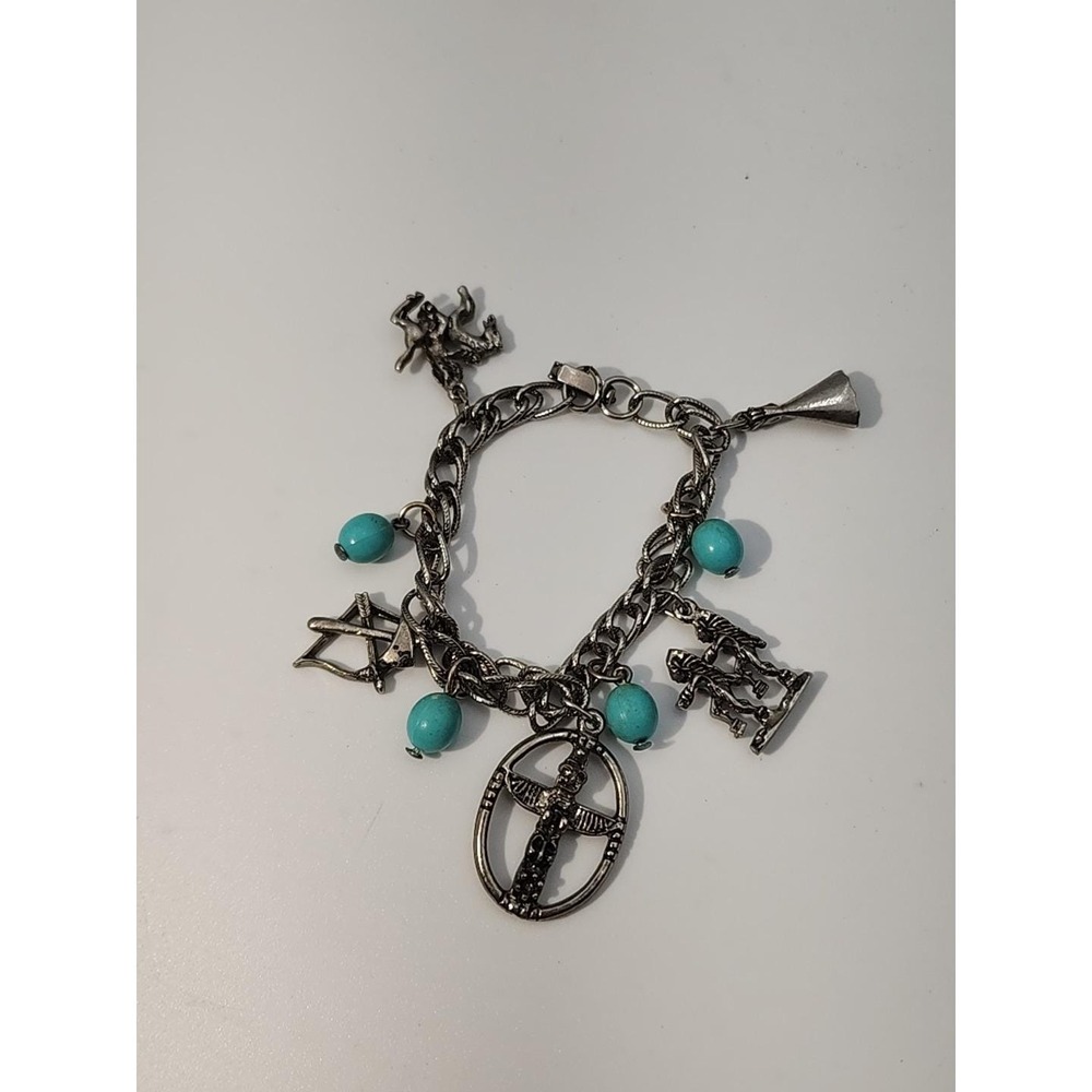 Vintage silver tone Native‎ American Indian Teepee Totem 7" Charm Bracelet